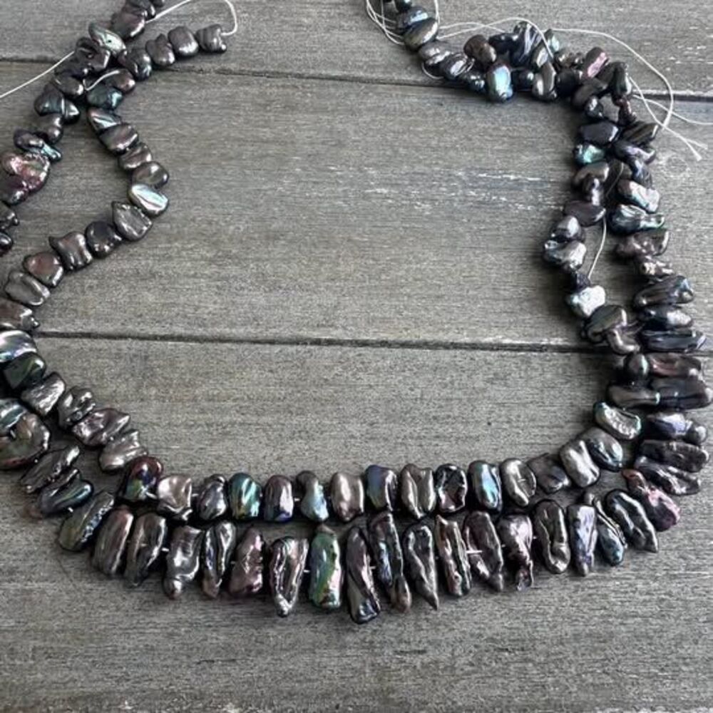 Set of 2 Black Biwa Freshwater Pearl Strands for DIY